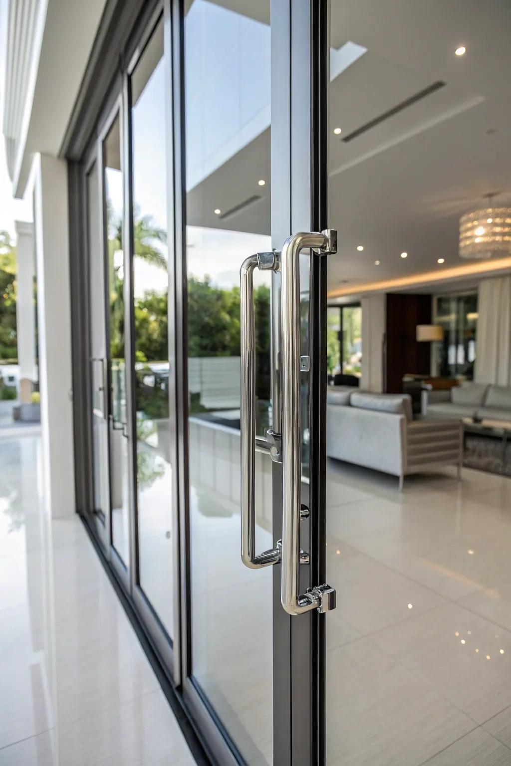 Streamlined chrome grips introduce a polished accent to folding doors.
