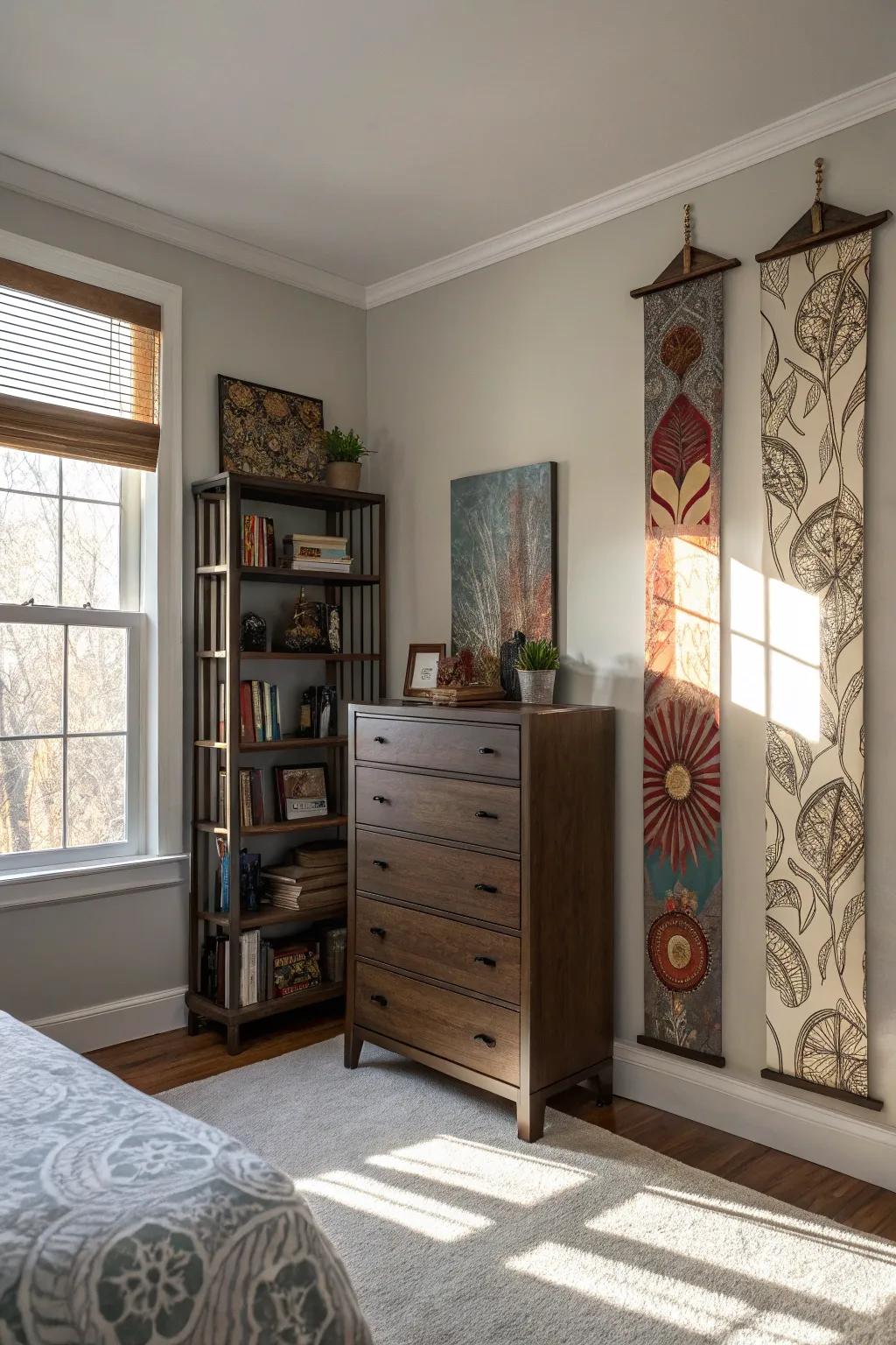 A capacious bedroom leveraging upward space with elevated furniture and art.