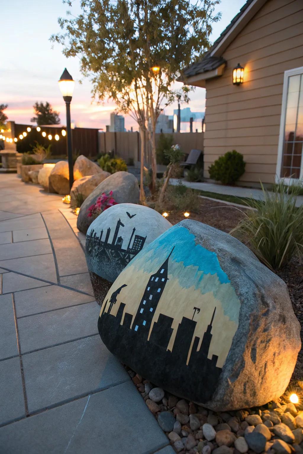 Incorporate urban vibes with stones showing cityscape outlines.