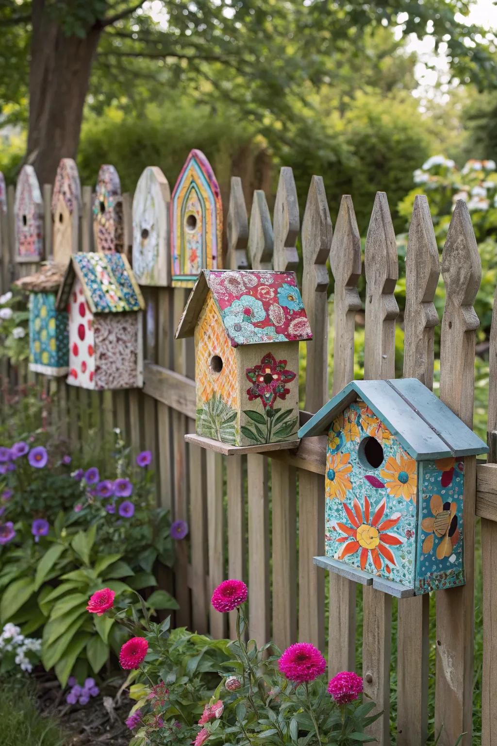 A mosaic of patterned avian dwellings transmutes the fence into a multicolored artistic composition.