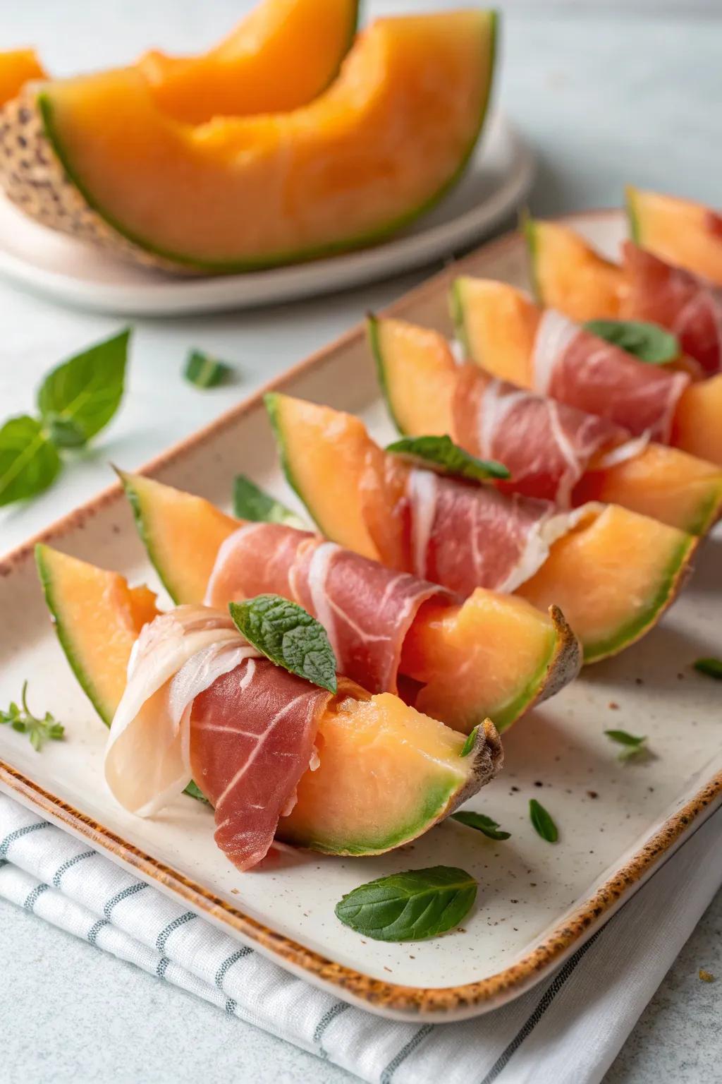 Quintessential cured ham coiled melon, emblematic of Italian gastronomy at its zenith.