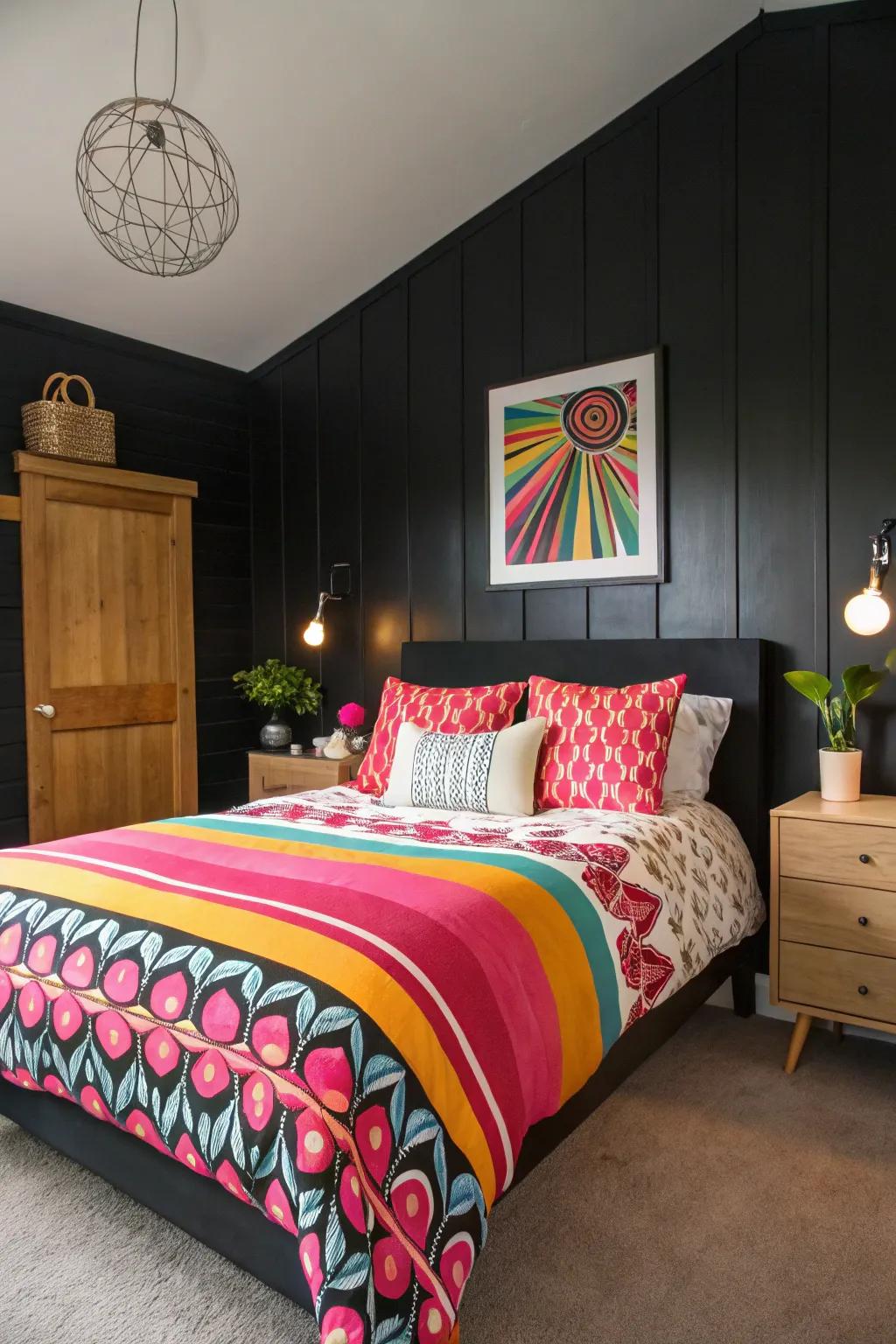 Striking bedding adds vibrancy near a black accent wall.