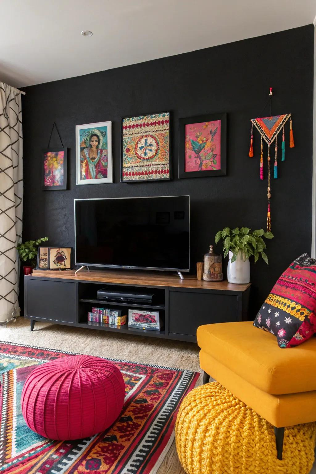 A burst of shade appends energy and vibrancy to a dark-painted focus wall.
