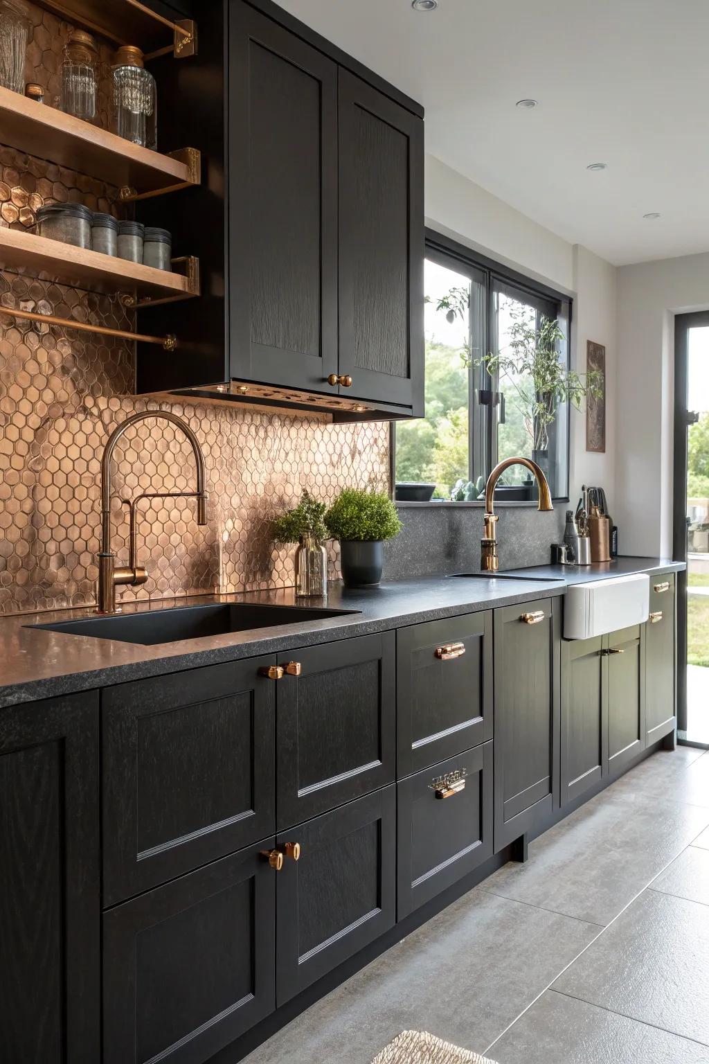 Contrasting textures add depth to a black and bronze kitchen.