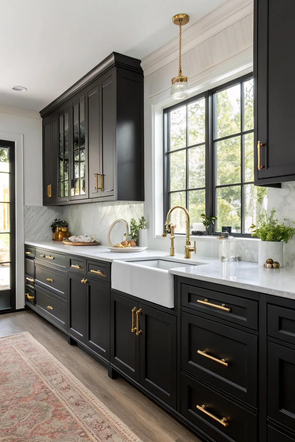 Gilded hardware on dark cabinetry enhances elegance.