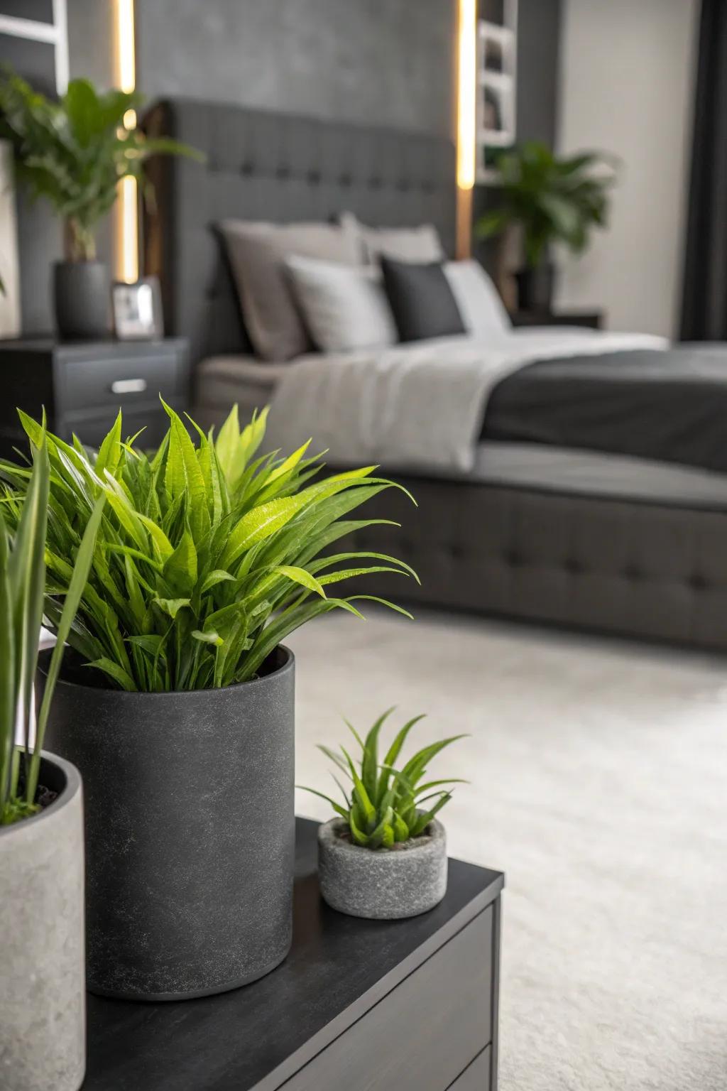 A black and grey bedroom featuring vibrant greenery in modern planters.