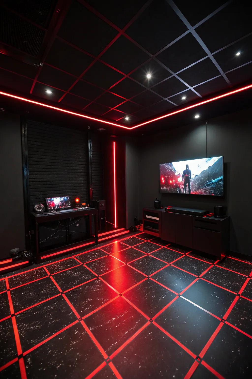 Dynamic scarlet lighting on the floor gives sophistication and dimension to the gaming room.