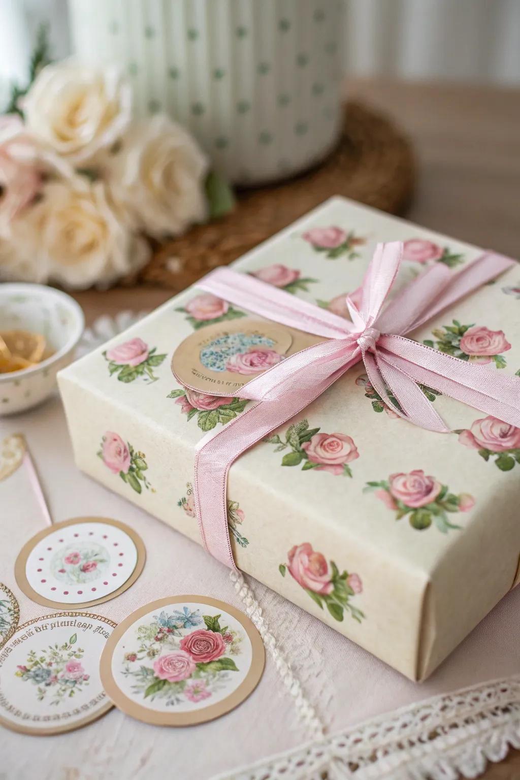 Vintage floral stickers adding elegance to a gift.