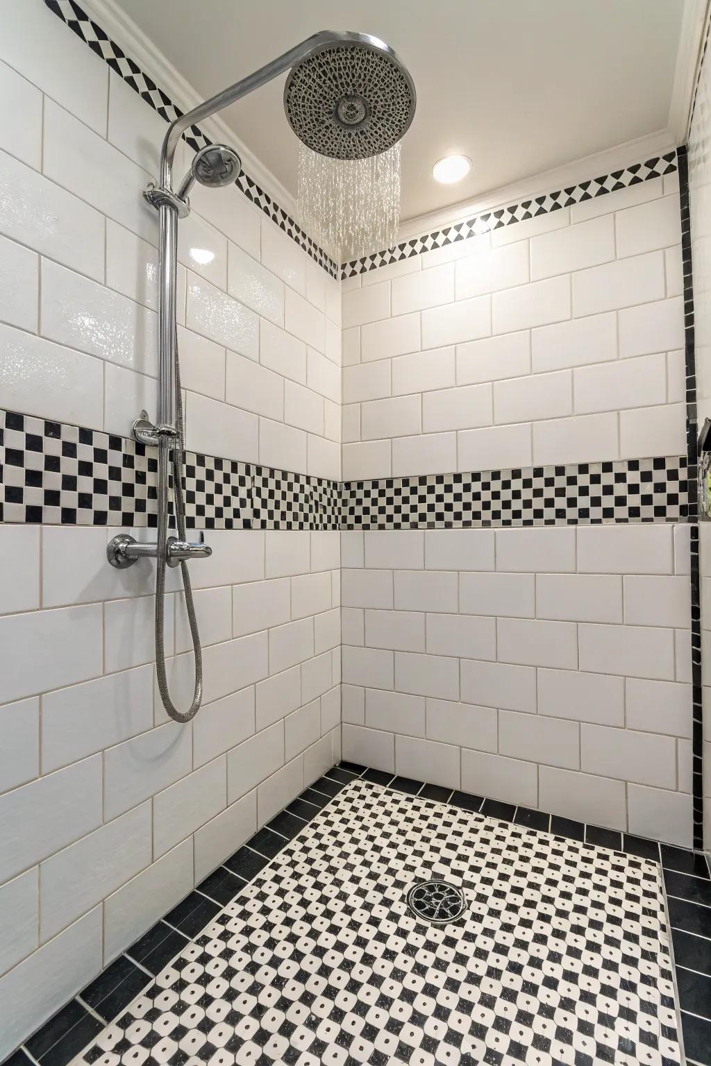 Round tiles bring a retro charm to this shower.