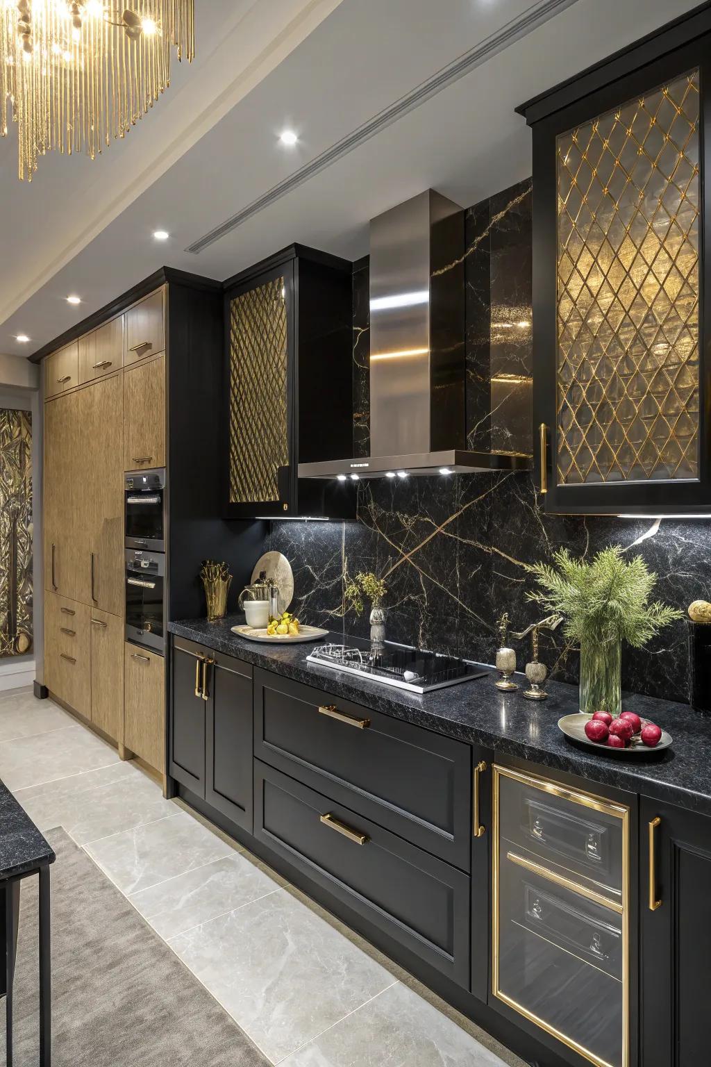 Metallic highlights elevate ebony countertops.