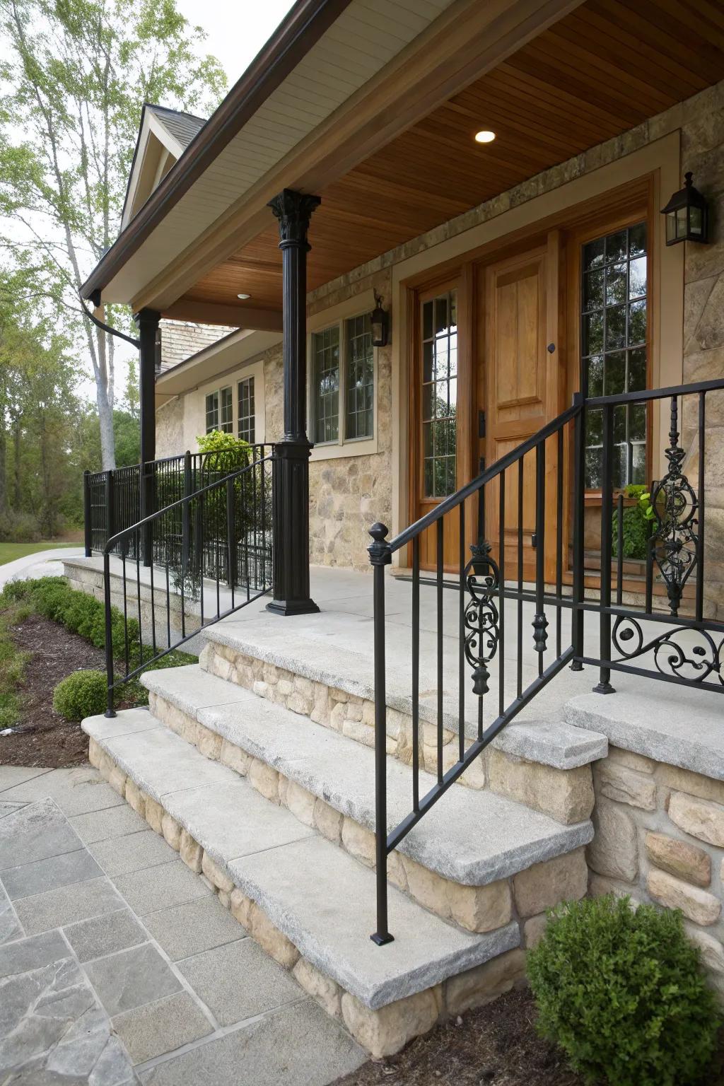 Stone and metal forge a grounded yet fashionable veranda aesthetic.