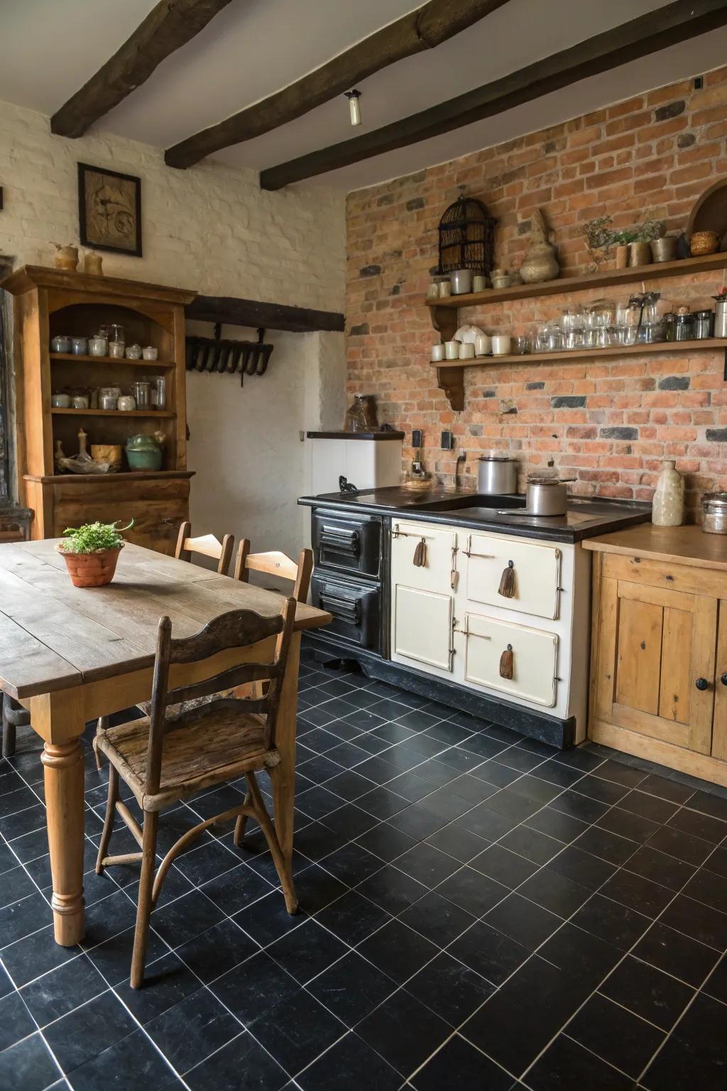 A country-inspired kitchen where dark floors complement charming elements like brick and timber.