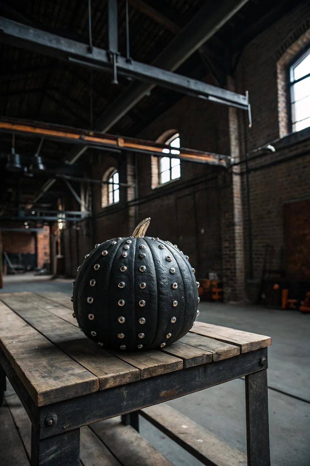 A dark-hued pumpkin with metal studs, proffering a contemporary, edgy aesthetic.