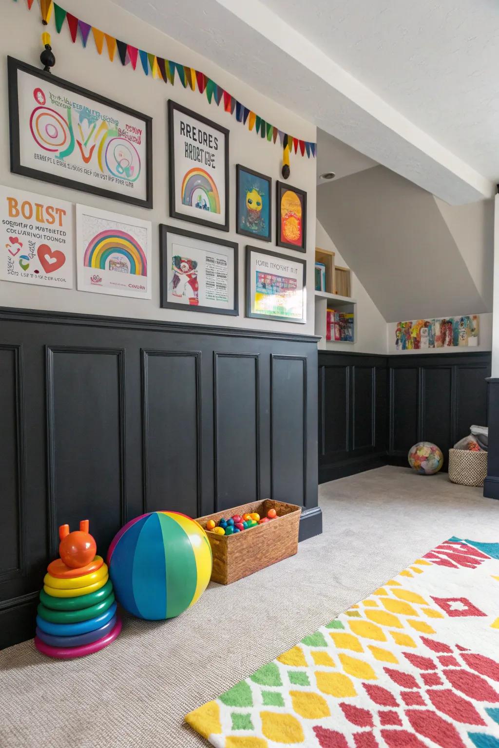 Playful youngster's chamber detailed with stylish dark wainscoting.