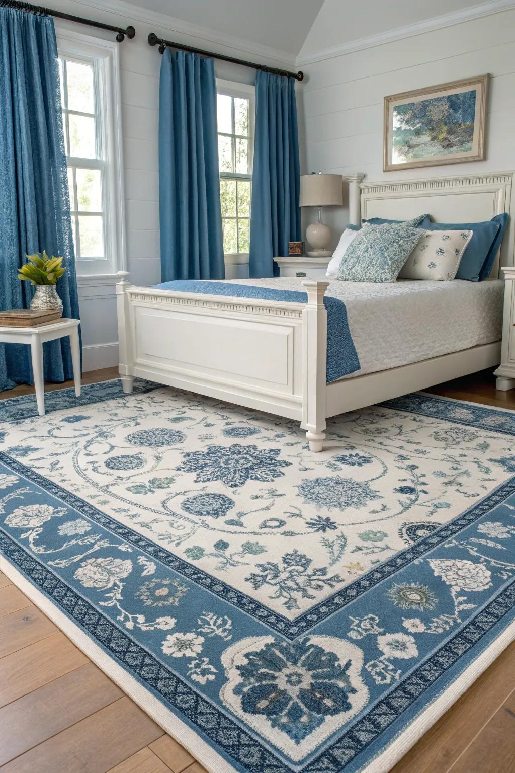 A matching floor covering unifies the blue and white color scheme.