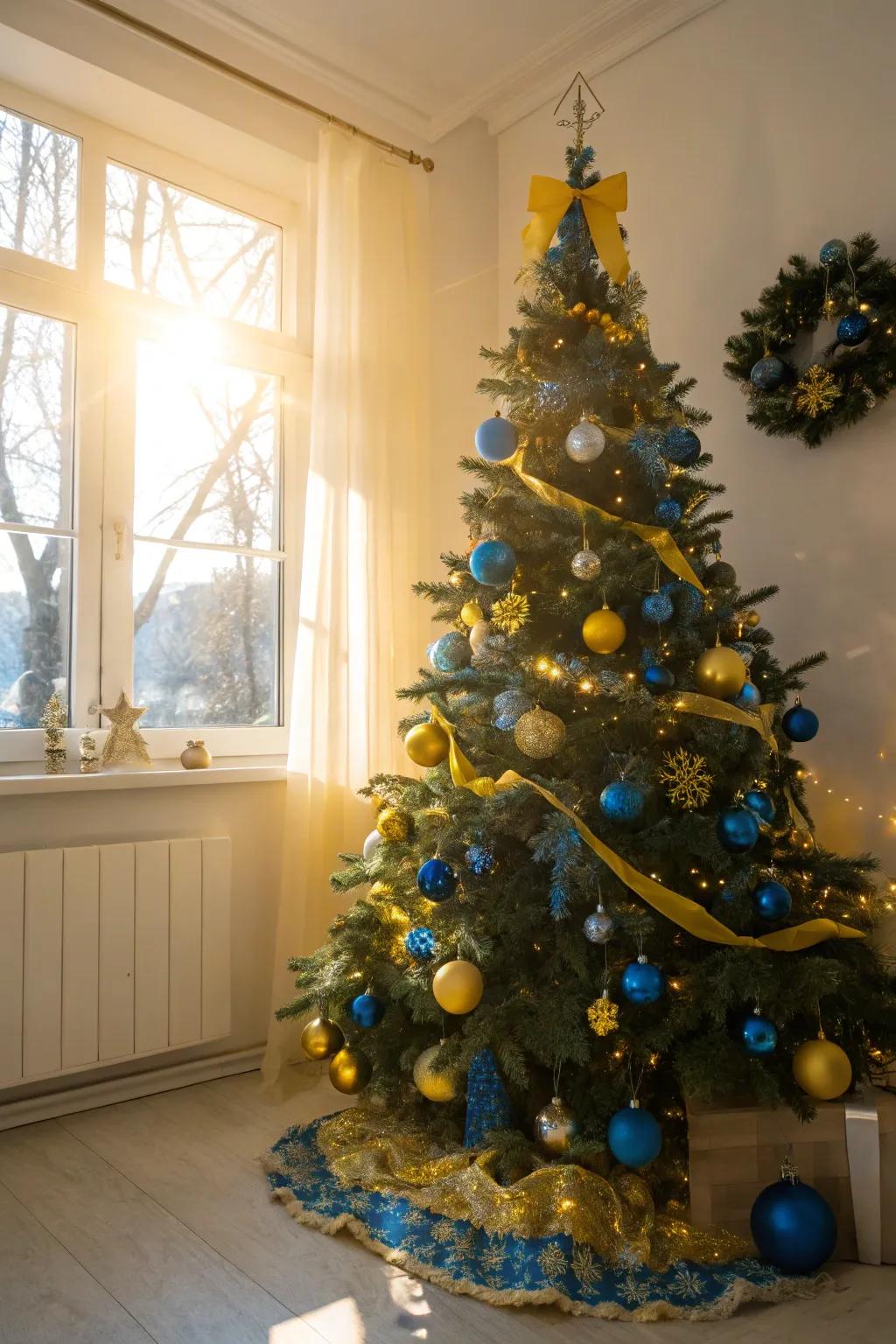A cheerful azure and gold sunburst Christmas tree design.