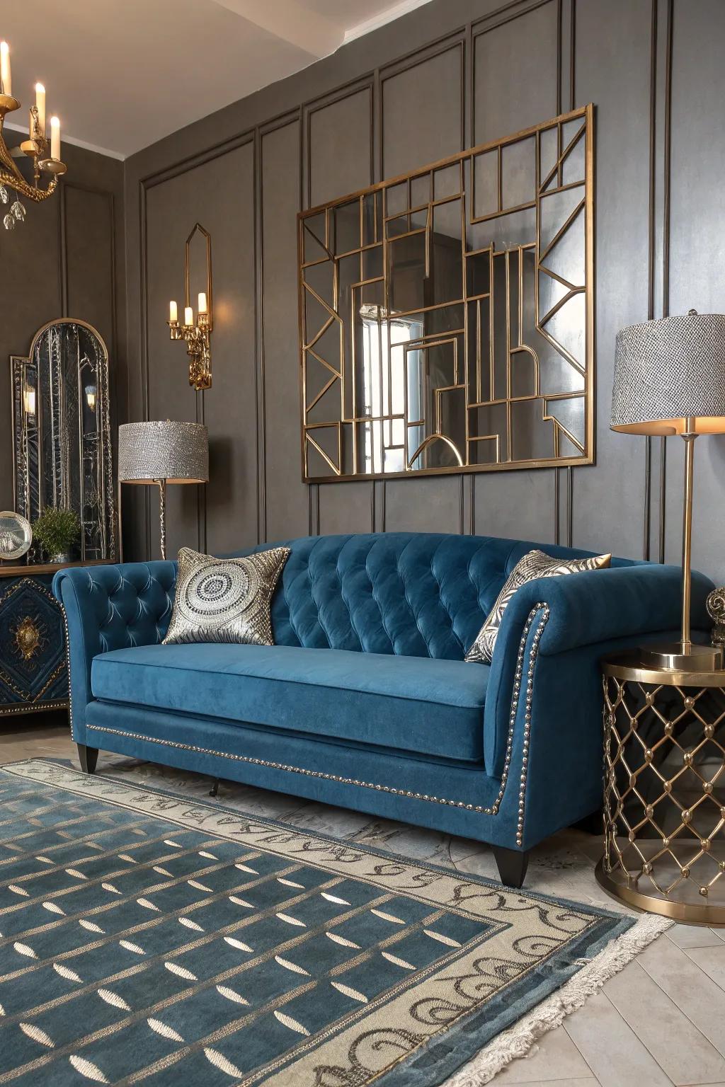 Glamour and refinement are brought to the space by Art Deco components.