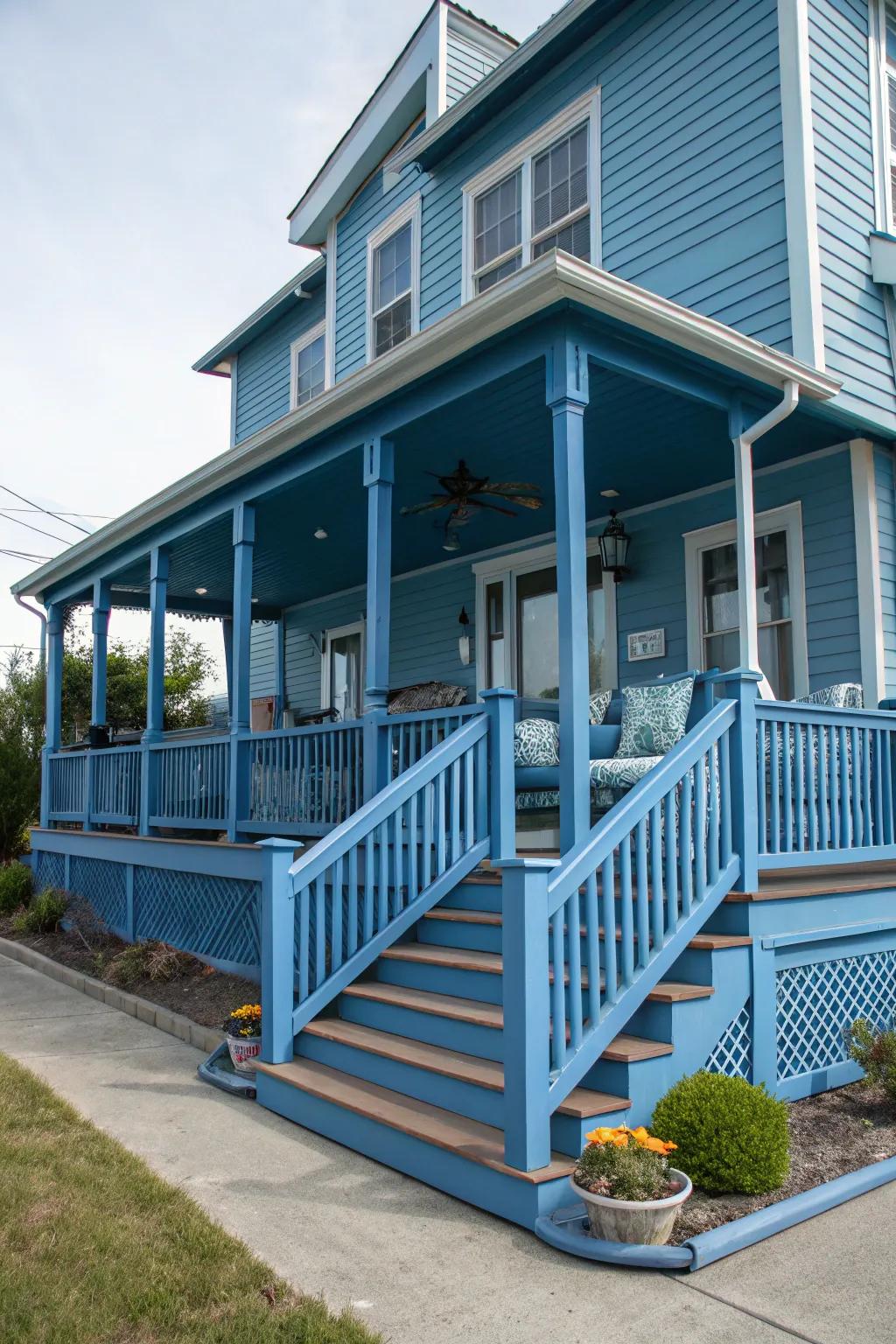 A blue veranda ties the exterior design together.