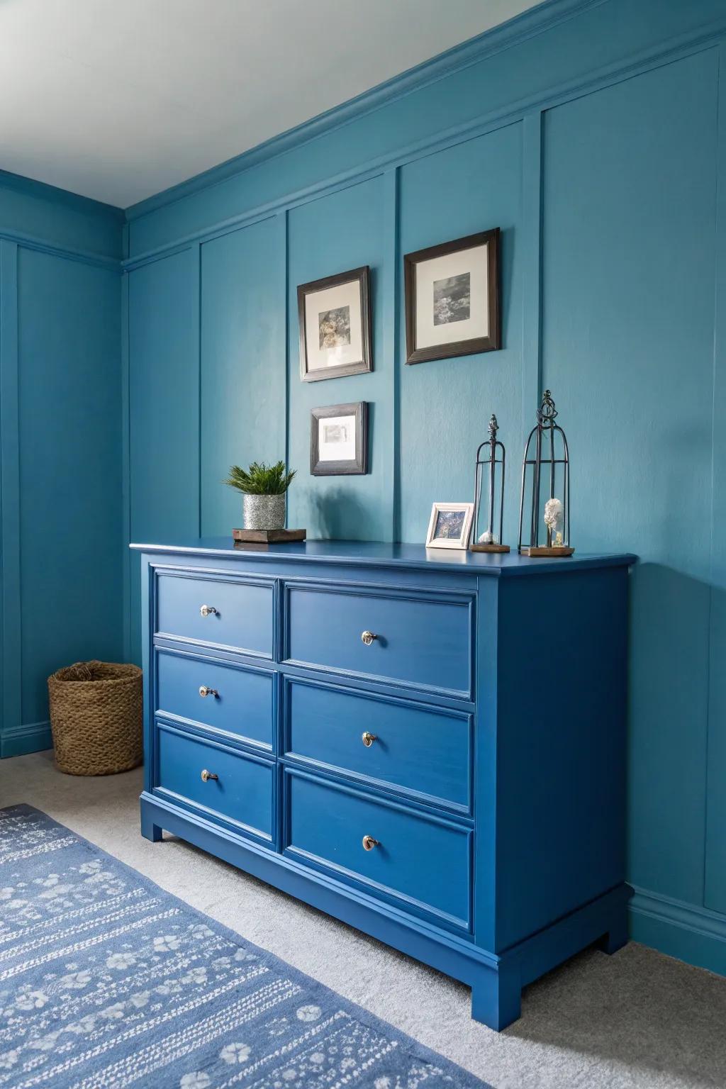A blue dresser blending seamlessly with its single-color surroundings.