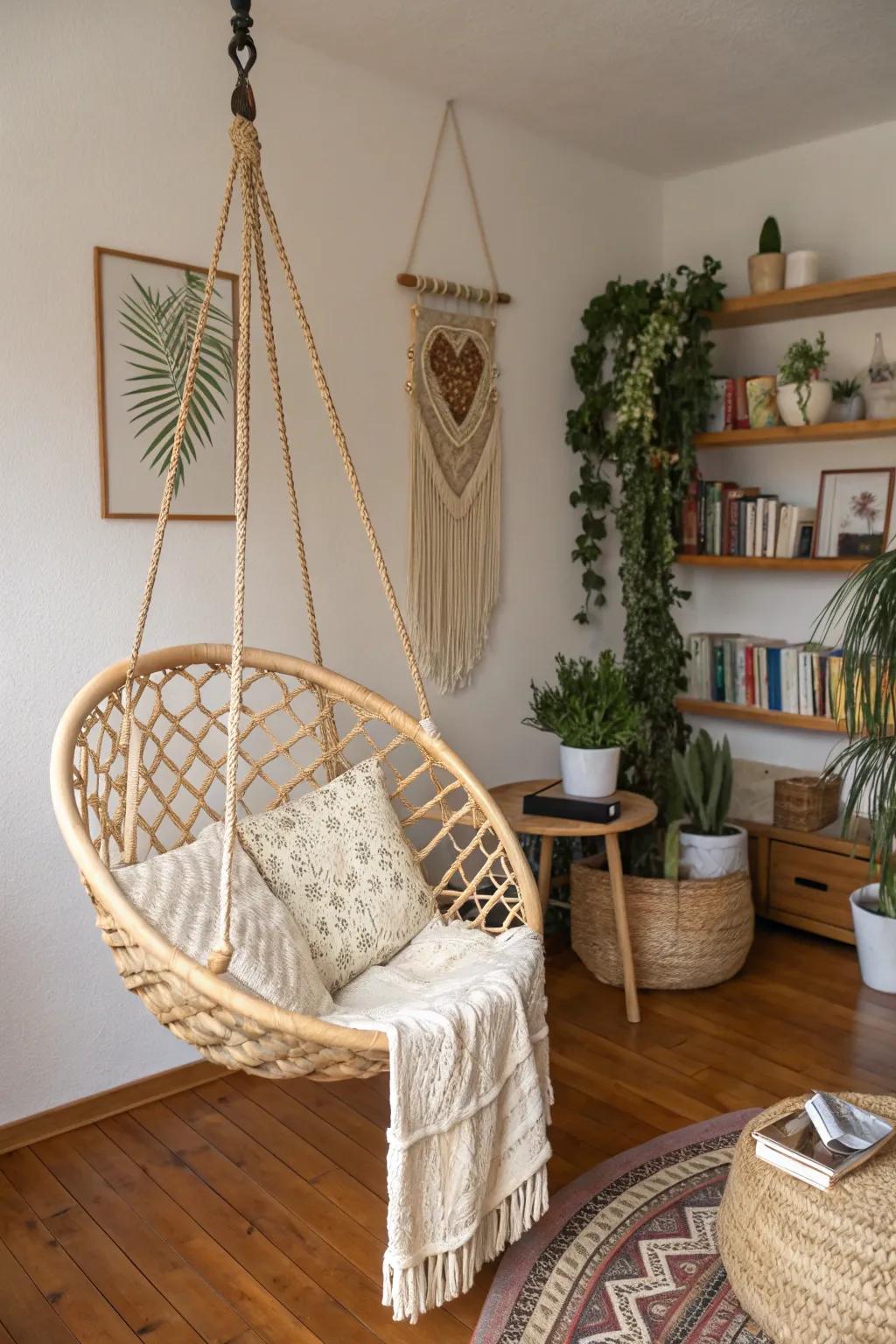 A playful rattan suspended seat in a bohemian corner.
