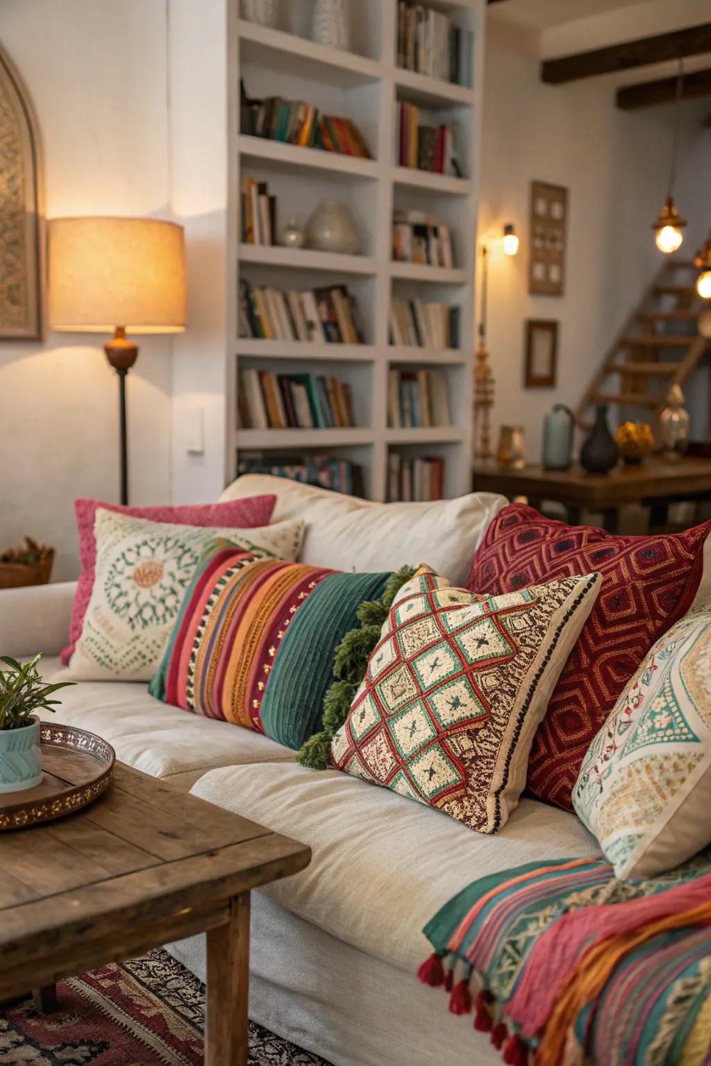 Plush cushions add comfort and color to a bohemian space.