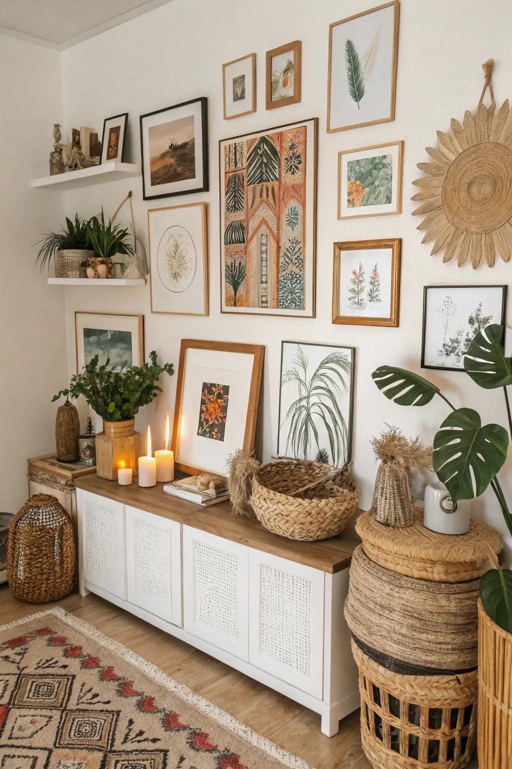 A stratified art wall highlighting individual flair and creative style.