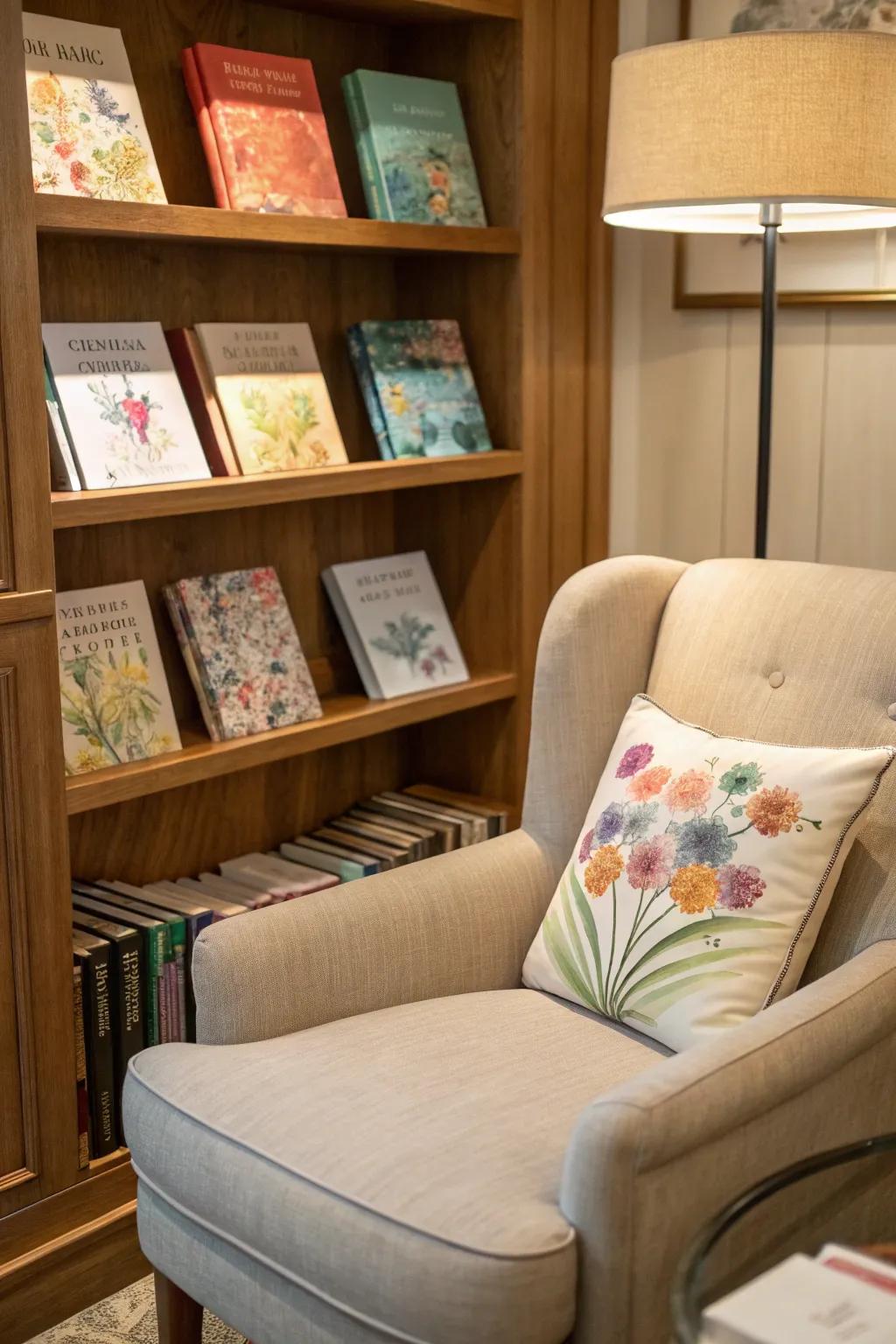 Whimsical watercolor book covers add a dreamy atmosphere.