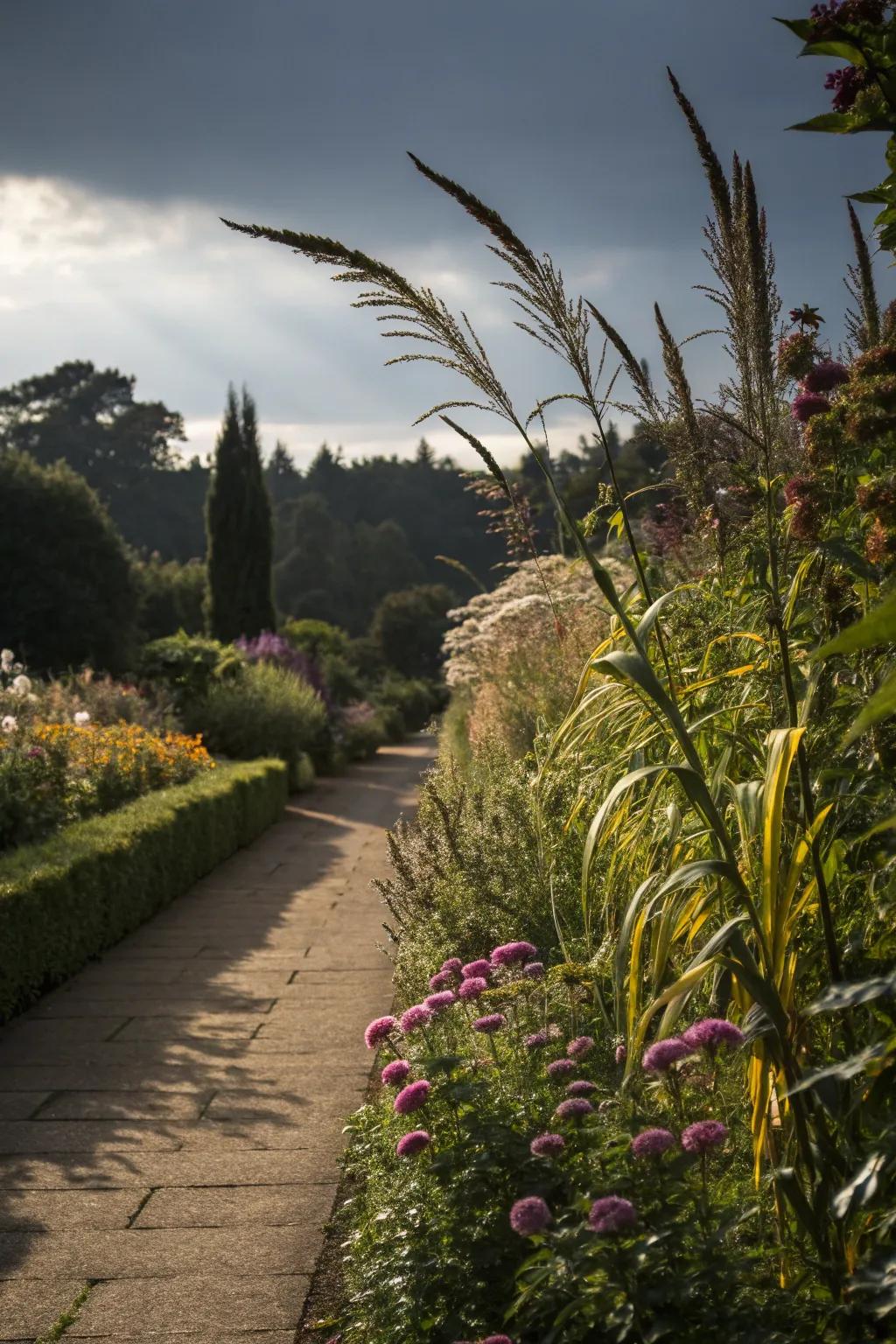 A dramatic garden border showcasing lofty flora.