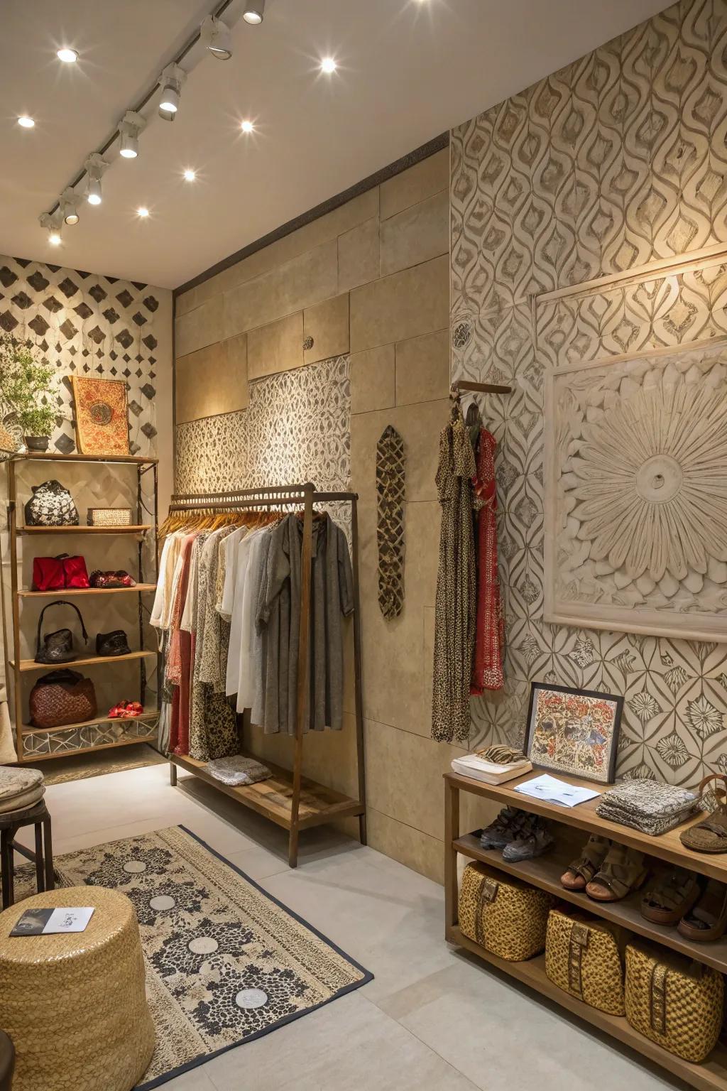 A boutique design featuring textured surfaces, incorporating dimension and visual interest to the space.