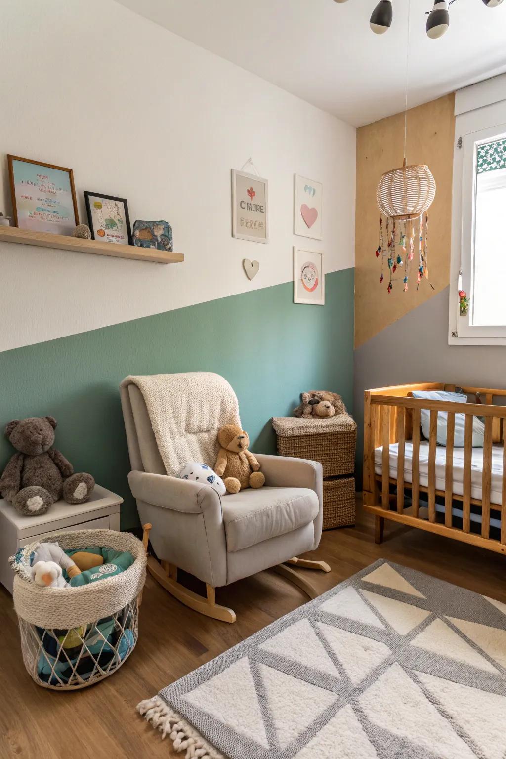 Two-tone walls add a dynamic touch to the nursery design.