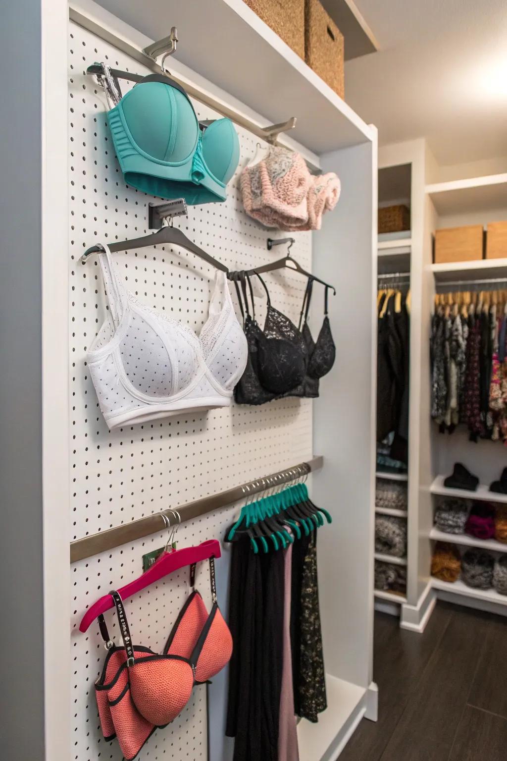 Embrace creativity through a pegboard for adaptable undergarment storage.