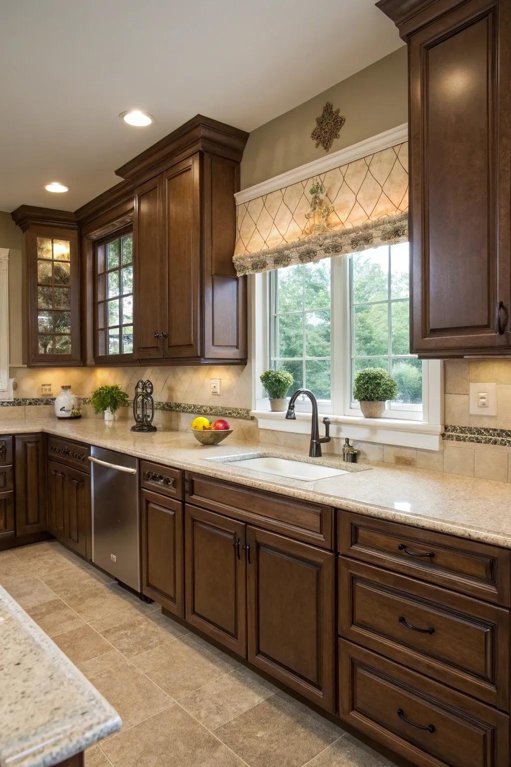 Brown and fawn together fashion a toasty, soothing kitchen milieu.