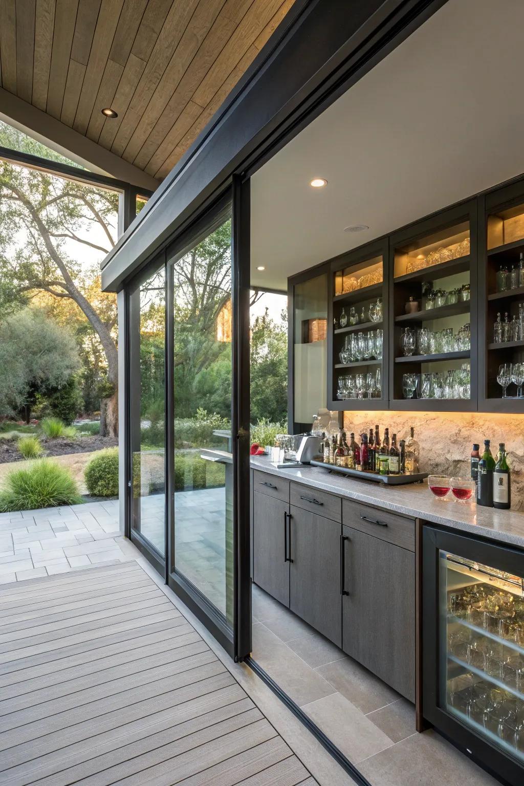 A pass-through bar that seamlessly blends indoor and outdoor entertaining.