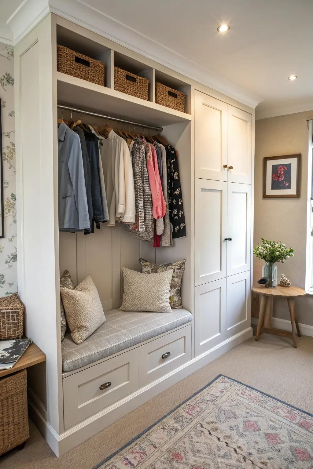 Integrated seating adds comfort and functionality to wardrobes.