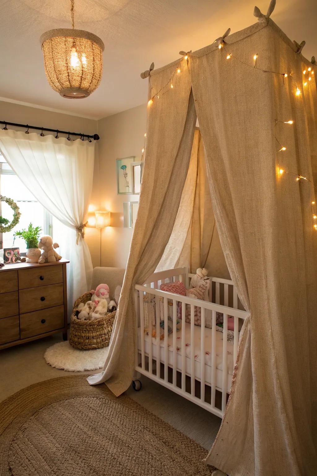 Serene nursery with soft burlap drapes.