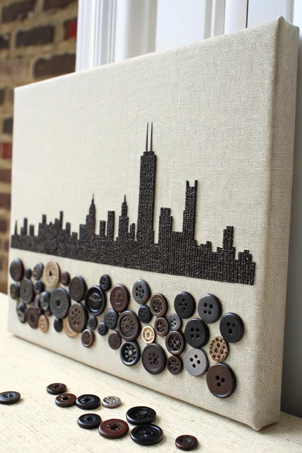 Enhance your decor with urban refinement: a button skyline masterpiece blending minimalism and bohemian flair.