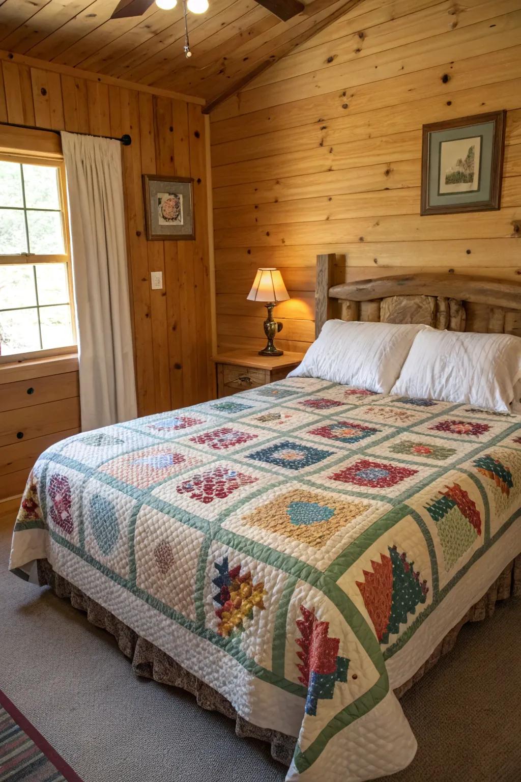 A cabin bedroom with a handmade quilt on the bed.