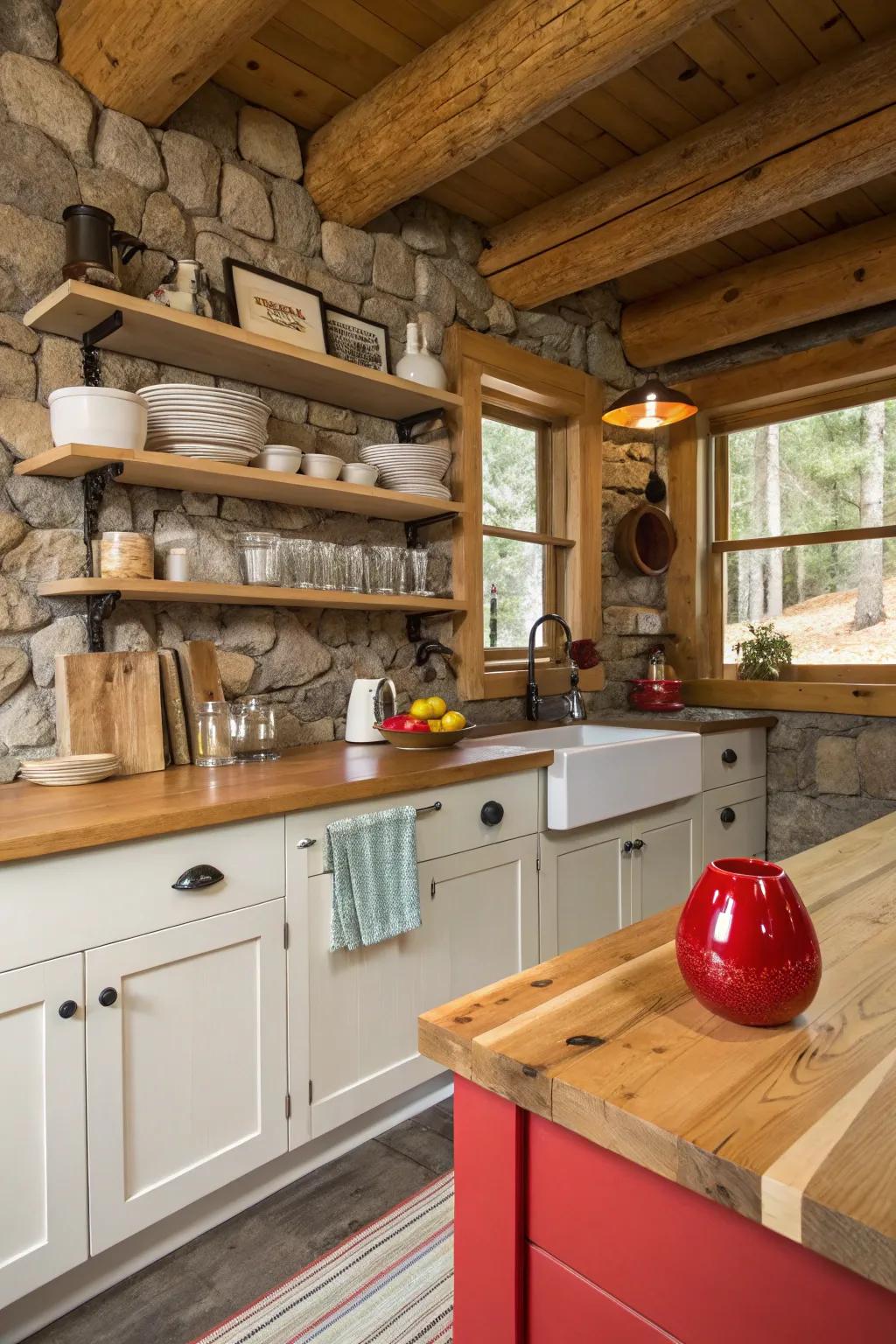 Unconventional radiant colors can invigorate a log cabin kitchen.