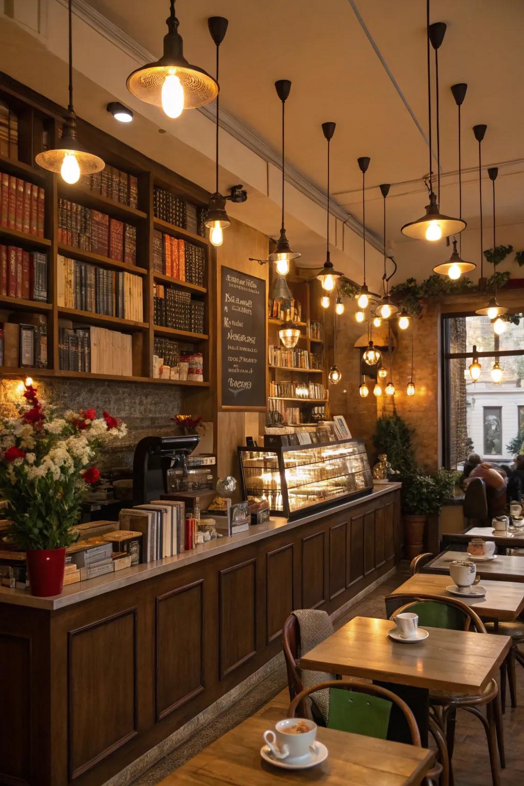 A café displaying adaptable illumination installations for flexible ambiance.