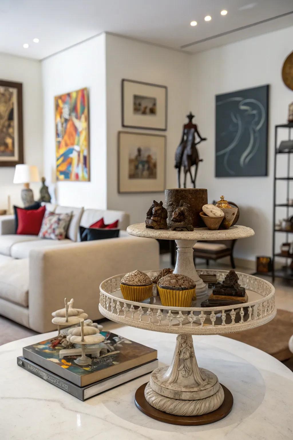 Transform the cake stand into a platform for creativity and artistic expression.