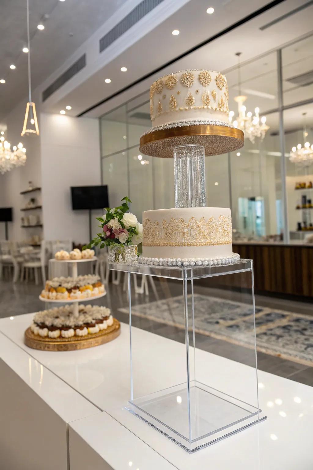 A cake composing a hovering illusion with an acrylic stand, infusing contemporary magic to the display.