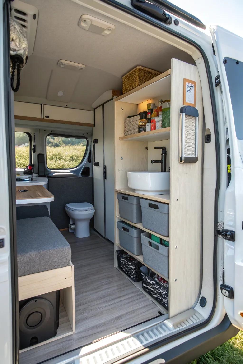 Modular storage units in a camper van bathroom for optimal organization.