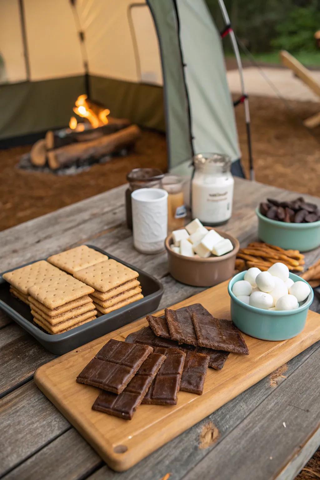 A delightful station offering refreshments reflective of the campfire aesthetic for invitees to savor.