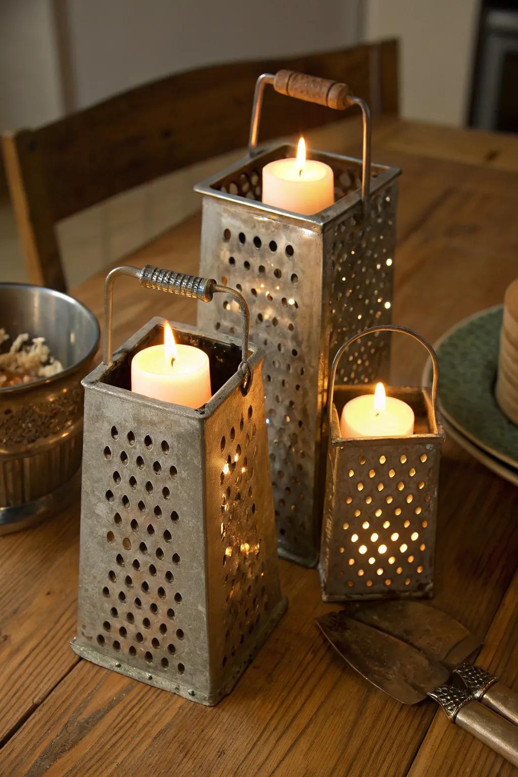 Old-fashioned graters add a quirky touch to candle displays.