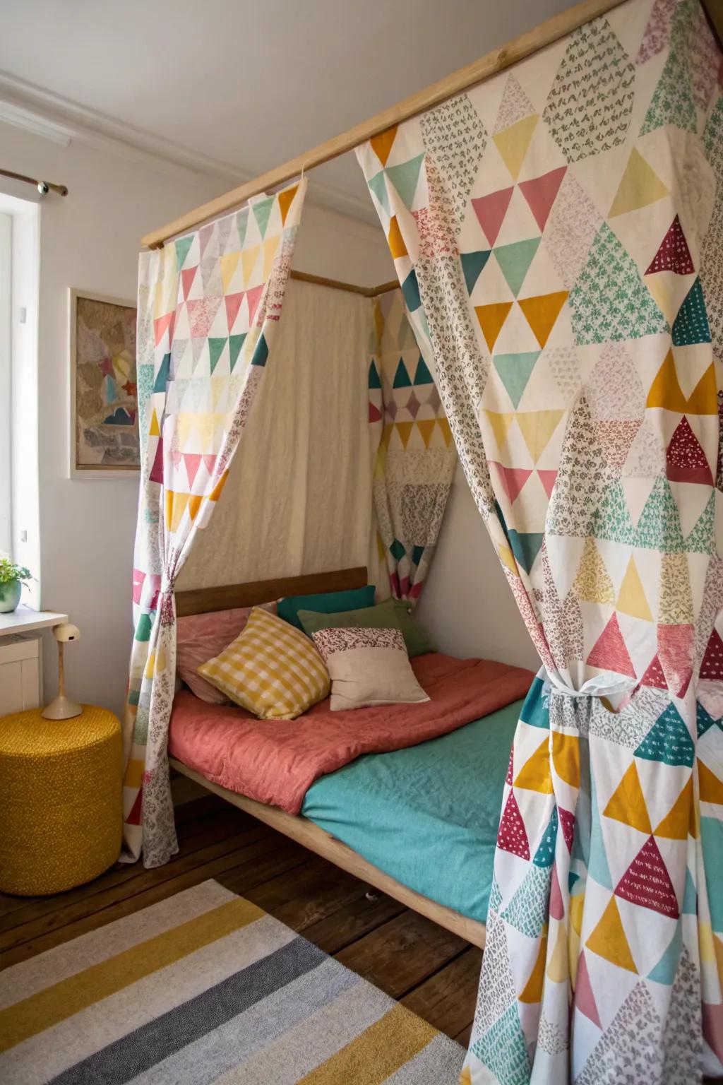 Geometric patterns introduce profundity to a four-poster bed design.