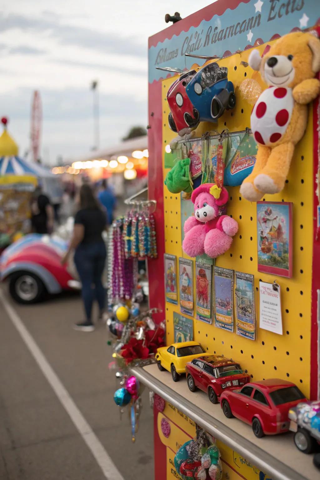 Carnival prizes cultivate a welcoming and playful ambiance on the display panel.