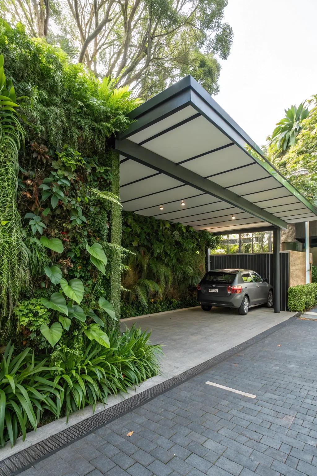 A carport highlighted by a lush plant wall, combining nature with architecture.