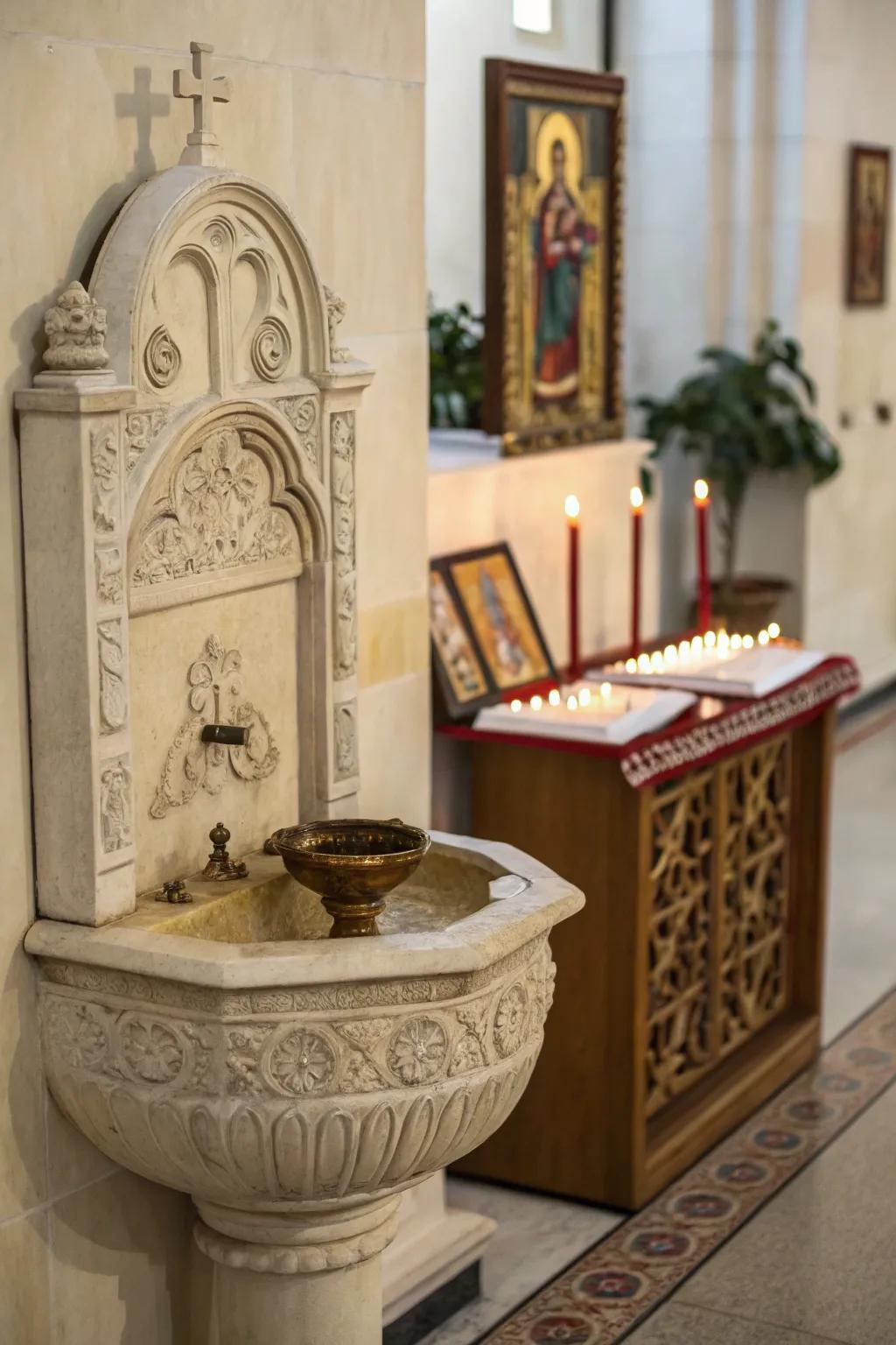 Holy water fonts serve as a sacred activity and reminder of faith.