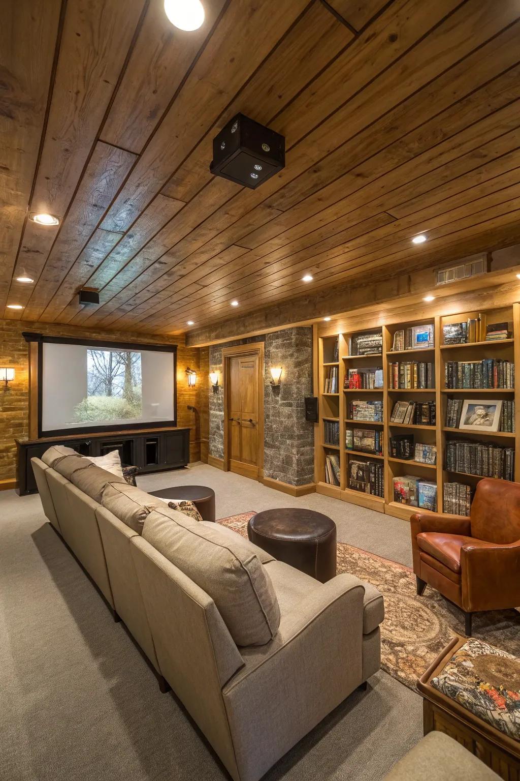A snug basement showcases a cedar ceiling, designed to create a welcoming atmosphere.