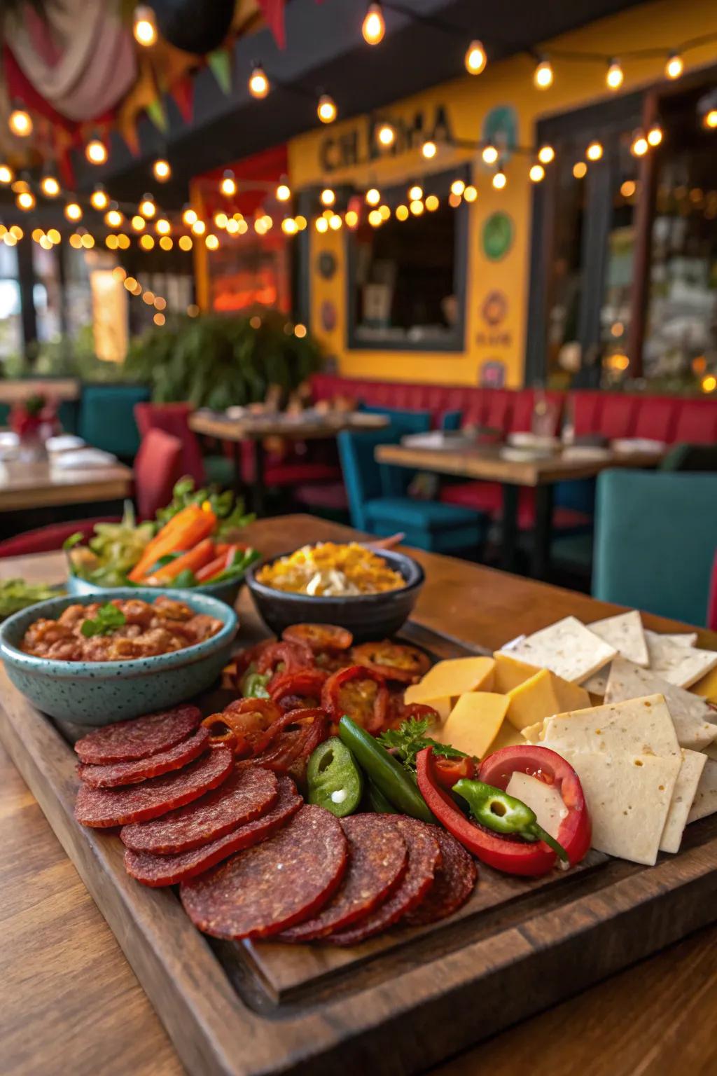 Festive ambiance featuring seasoned meats and vibrant peppers.
